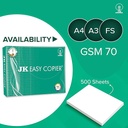 JK Easy Copier Paper, Legal Size(FS), 70 Gsm (500 Sheet,1 Ream) White Colour