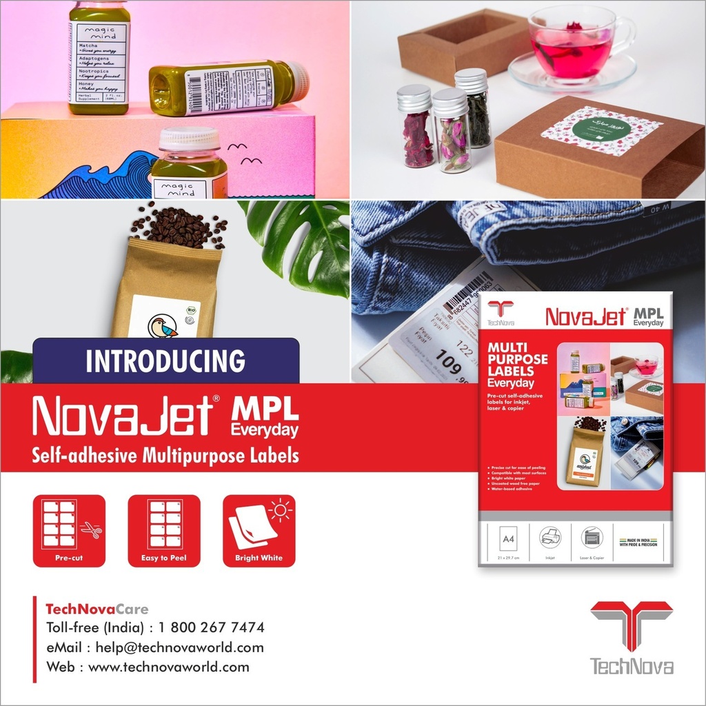 NovaJet (Technova) MPL 110, A4 Size 100x44 mm, Multipurpose Label Sticker, White Colour, Pack of 100 Sheets