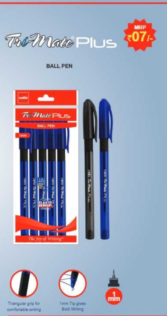 Cello Tri-mate Plus Ball Pen Black (Pack Of 5)