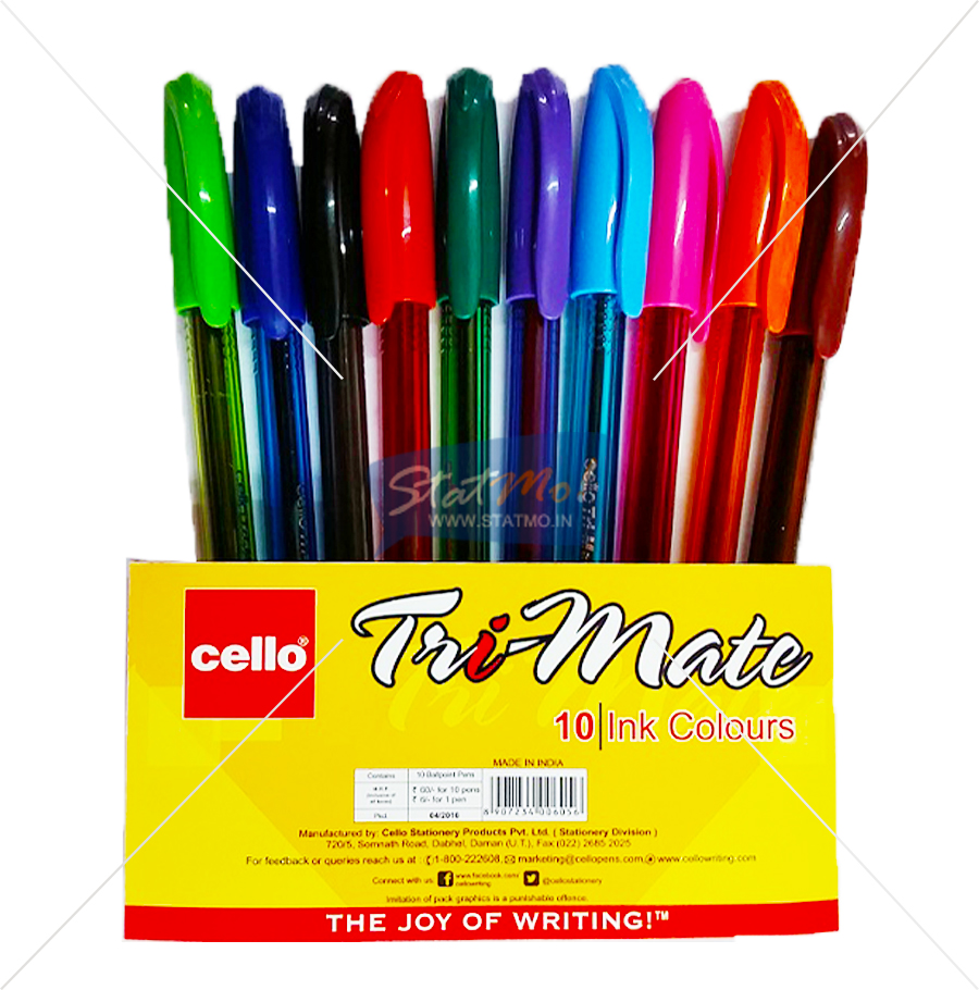 Cello Tri-mate Ball Pen 1mm Assorted 10 Shades-Pack Of 10 (B10)